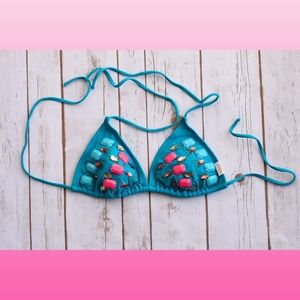 Xhilaration Jewel Blue Pink Bikini Top Removable Bra Pads Halter Self Tie Size M